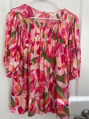 Terra & Sky Pink and Green Floral Smocked Top